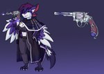 anthro barefoot belt big_breasts blue_highlights breasts brooch cleavage cloak clothed clothing cowgirl_outfit crop_top feathers feet female gradient_hair gun hair hand_on_hip handgun highlights_(coloring) holding_gun holding_handgun holding_object holding_ranged_weapon holding_revolver holding_weapon holster inner_ear_fluff long_coat long_hair magic_user magic_weapon midriff multi_ear multicolored_body neck_tuft purple_body purple_feathers purple_hair ranged_weapon revolver shirt solo spinning_weapon standing star_pattern tail tail_tuft topwear tuft weapon white_body white_feathers beaverbastard seiun_(golddrake) avali absurd_res hi_res