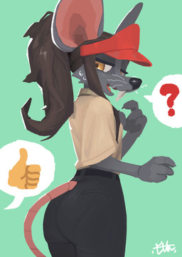 4_fingers anthro biped bottomwear brown_hair butt claws clothed clothed_anthro clothed_female clothing female finger_claws fingers fully_clothed fully_clothed_anthro fully_clothed_female fur grey_body grey_fur hair looking_back open_mouth rear_view simple_background solo standing tail teeth tongue topwear whiskers yellow_eyes el-k ratricia_(el-k) mammal mouse murid murine rodent 2025 absurd_res digital_drawing_(artwork) digital_media_(artwork) hi_res