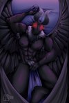 armpit_hair bed body_hair cryptozoology fur furniture lying lying_on_bed male muscular muscular_male nipples on_bed red_eyes solo wings hazarts urban_legend mothman arthropod cryptid humanoid insect lepidopteran monster moth absurd_res hi_res