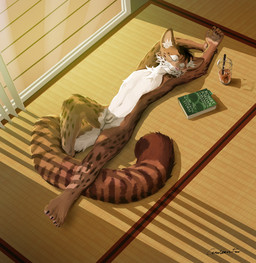 anthro balls beverage black_claws brown_body brown_fur brown_hair brown_markings bubble_tea cheek_tuft chest_tuft claws closed_book eyes_closed facial_tuft flaccid foreskin fur genitals hair humanoid_genitalia humanoid_penis inner_ear_fluff lying male markings navel nude on_back on_ground pawpads penis pink_nose pink_pawpads short_hair sleeping solo spots spotted_body spotted_fur spotted_markings striped_markings striped_tail stripes tail tail_markings tuft whiskers white_body white_fur window ceruleanfur felid feline mammal 2026 colored digital_drawing_(artwork) digital_media_(artwork) hi_res shaded