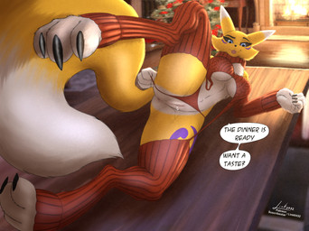 anthro bodily_fluids breasts clothing female genitals holidays looking_at_viewer panties smile solo sweater tail teasing text topwear underwear vulva link6432 bandai_namco christmas digimon canid canine digimon_(species) mammal renamon 2024 english_text hi_res