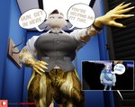 5_fingers anthro biped black_hair bulge cheek_tuft closed_smile clothing cybernetic_hand cybernetics detailed_bulge dialogue duo empty_eyes eye_scar facial_scar facial_tuft fingers fur fur_tuft furgonomic_hoodie furgonomics genital_outline gold_body hair hand_on_hip machine male mouth_closed multicolored_body multicolored_fur notched_ear open_mouth patreon_logo penis_outline pink_inner_ear red_body red_fur scar smile solo_focus speech_bubble talking_to_another talking_to_partner text topwear tuft vest whiskers white_body white_fur yellow_eyes camseven nes67911_(modeler) asian_mythology east_asian_mythology epic_games forbidden_pants fortnite japanese_mythology mythology patreon meowdas nyanja_(fortnite) domestic_cat felid feline felis mammal nekomata yokai 3d_(artwork) digital_media_(artwork) english_text hi_res