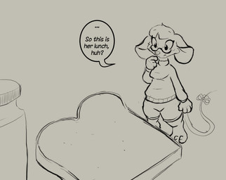 accessory anthro bottomwear bow_ribbon bread clothed clothed_anthro clothed_female clothing container dialogue eyewear female food fully_clothed fully_clothed_anthro fully_clothed_female furgonomics glasses jar peanut_butter_jar ribbons shorts solo speech_bubble sweater tail tail_accessory tail_ribbon text topwear wearing_glasses muhny edie_(muhny) mammal mouse murid murine rodent english_text sketch