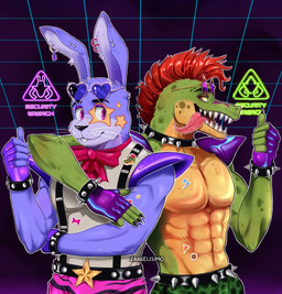 5_fingers abs anthro arm_around_shoulders athletic athletic_anthro athletic_male belt black_belt black_nails bodily_fluids bottomwear bow_tie bracelet clothed clothing collar colored_nails countershading duo ear_piercing ear_ring eye_contact eyewear fingerless_gloves fingers front_view fur gesture glasses gloves green_body green_bottomwear green_clothing green_skin hair hand_gesture handwear heart_sunglasses jewelry looking_at_another male male_anthro mohawk muscular muscular_anthro nails open_mouth pattern_bottomwear pattern_clothing pecs piercing purple_body purple_bottomwear purple_clothing purple_ears purple_eyes purple_eyewear purple_fingerless_gloves purple_fur purple_gloves purple_handwear purple_inner_ear purple_sunglasses red_bow_tie red_eyes red_hair ring_piercing saliva sharp_teeth spiked_belt spiked_bracelet spiked_collar spikes spots spotted_bottomwear spotted_clothing star_sunglasses sticker striped_bottomwear striped_clothing stripes studded_bracelet studded_jewelry studs sunglasses suspenders tan_body tan_countershading teeth thumbs_up tongue tongue_out topless topless_anthro topless_male 2angelisimo five_nights_at_freddy's five_nights_at_freddy's:_security_breach scottgames steel_wool_studios fanmade_design_glamrock_bonnie montgomery_gator alligator alligatorid crocodilian lagomorph leporid mammal rabbit reptile scalie 2022 digital_media_(artwork) half-length_portrait portrait