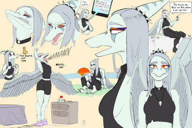 amber_eyes anthro beach bed bodily_fluids boots bottomwear breasts claws clothing crop_top crying denim denim_bottomwear denim_clothing dialogue dino_nugget drugs elbow_feathers electronics eyelashes eyeliner eyes_closed feathered_wings feathers feet female fingers footwear furniture grey_body grey_hair grey_scales hair halter_top jeans jewelry long_hair makeup marijuana midriff necklace open_mouth outside pants phone scales sea seaside sharp_teeth shirt shoes short_tail shorts side_boob simple_background sitting slippers smile snout solo stoned stretching stretching_arms substance_intoxication sunset tail tan_background tears teeth text toe_claws toes tongue topwear water wings yawn barnikan cavemanon_studios goodbye_volcano_high ko_op_(game_developer) snoot_game fang_(gvh) prehistoric_species pterosaur reptile scalie 2023 absurd_res digital_drawing_(artwork) digital_media_(artwork) english_text hi_res