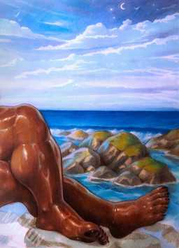5_toes anthro barazoku biped black_claws blue_sky brown_body brown_fur brown_pawpads calf_muscles claws cloud cloudy_sky crescent_moon detailed_background feet foot_shot fur glistening glistening_body glistening_fur humanoid_feet knee_pulled_up male moon muscular muscular_anthro muscular_legs muscular_male pawpads plantigrade rock sea sky solo text toe_claws toes water mrkun ambiguous_species absurd_res artist_name cropped graphite_(artwork) hi_res mixed_media painting_(artwork) traditional_media_(artwork) traditional_painting_(artwork) traditional_watercolor_(artwork) unfinished watercolor_(artwork) watermark