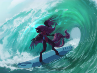 anthro breasts clothing feathered_wings feathers female hair hooves medium_breasts one-piece_swimsuit sea solo surfboard surfing swimwear tail water wave wings gor1ck hasbro my_little_pony fan_character nyx_(pen_stroke) equid equine horse mammal pony 4:3 absurd_res hi_res