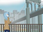 blue_hair bridge building clothing coat detailed_background female hair not_furry orange_eyes pokeball sky skyscraper solo topwear trenchcoat cobra0281 nintendo pokemon alyx_(cobra0281) gardevoir generation_3_pokemon pokemon_(species) shiny_pokemon 2021 4:3 hi_res