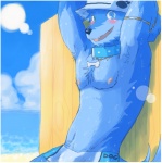 anthro armpit_hair beach blush bodily_fluids body_hair clothed clothing cloud collar collar_tag detailed_background male outside sand seaside sky solo speedo sweat swimwear topless underwear water beaugilliam beau_(bo-gilliam) canid canine canis domestic_dog mammal source_request