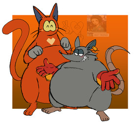 anthro belly big_belly blush clothing duo ear_piercing ear_tag fur gloves grey_body grey_fur handwear male overweight piercing red_body red_fur smile peppermintsrb2 mad_rat_dead nippon_ichi_software heart_(mad_rat_dead) mad_rat_(mad_rat_dead) domestic_cat felid feline felis mammal murid murine rat rodent