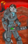 anthro armor biped brown_eyes brown_hair cigarette ear_piercing facial_hair glowing gun hair holding_gun holding_object holding_ranged_weapon holding_weapon male military piercing ranged_weapon scar science_fiction scouter smoke smoking soldier solo standing tail tron_lines warrior weapon ace_stryker canid canine canis mammal wolf 2013 hi_res