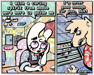 aloha_shirt anthro bow_tie clothing dialogue duo floppy_ears fur half-closed_eyes humor male narrowed_eyes overalls pattern_clothing pattern_shirt pattern_topwear shirt speech_bubble teeth text tooth_gap topwear white_body white_fur wide_eyed yellow_body yellow_fur rawdawgcomics bingus_(rawdawgcomics) stahli_(rawdawgcomics) bird_dog canid canine canis domestic_dog golden_retriever hunting_dog lagomorph leporid mammal rabbit retriever 5:4 comic english_text
