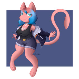anthro biped black_clothing blue_clothing blue_eyes blue_hair bottomwear breasts clothing eyelashes female fur hair jacket long_tail multicolored_body multicolored_fur multicolored_hair orange_clothing paws pink_body pink_ears pink_fur pink_hair shirt smile solo tail topwear two_tone_body two_tone_fur two_tone_hair white_clothing yellow_clothing motherlatias nintendo pokemon generation_1_pokemon legendary_pokemon mew_(pokemon) pokemon_(species) 1:1 2024 hi_res watermark