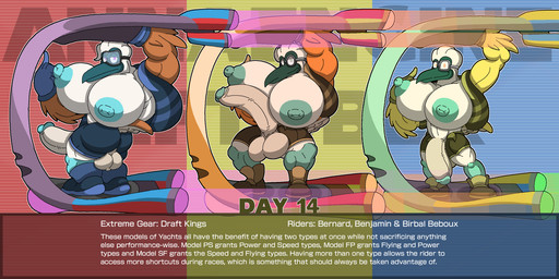 abs anthro areola backsack balls beak biceps big_balls big_breasts big_muscles big_penis blue_background blue_body blue_nipples boat bottomwear bouncing_breasts breasts brown_body brown_feathers butt circumcised clothed clothing erection extreme_gear eyewear feathers fingers flaccid footwear foreskin genitals gloves goggles green_body green_nipples grey_body grey_nipples group gynomorph hair half-erect handwear hovercraft huge_breasts humanoid_genitalia humanoid_penis intersex long_penis looking_at_viewer multicolored_body muscular muscular_anthro muscular_intersex navel nipples orange_body orange_feathers partially_clothed penis pose raised_arm red_background saggy_balls sailing_boat sailing_watercraft shoes shorts simple_background smile standing surfboard tail tan_balls tan_penis text thick_penis topwear trio unimpressed vehicle vest watercraft white_body white_feathers white_hair windsurfer yellow_background yellow_body yellow_feathers annaengine inktober benjamin_beboux bernard_beboux birbal_beboux avian bird blue-footed_booby booby_(bird) sulid suliform 2025 2:1 digital_drawing_(artwork) digital_media_(artwork) english_text hi_res brother_(lore) brothers_(lore) busty_boy_(lore) male_(lore) sibling_(lore)