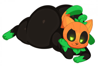 :3 ambiguous_gender anthro bedroom_eyes big_butt black_body bottom_heavy butt butt_from_the_front feral food for_a_head fruit glowing glowing_eyes green_body green_eyes huge_butt looking_at_viewer lying male male_feral narrowed_eyes on_front plant pumpkin pumpkin_head quadruped seductive shortstack shortstack_male simple_background smile smiling_at_viewer solo thick_thighs wide_hips sssonic2 pumkat domestic_cat elemental_creature felid feline felis flora_fauna mammal object_head 2022 colored digital_media_(artwork) hi_res