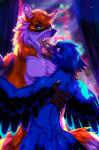 anthro beak bodily_fluids claws eye_contact fangs feathered_wings feathers fur looking_at_another male open_mouth saliva teeth tongue tongue_out whiskers wings kiliankuro avian bird canid canine fox mammal digital_media_(artwork)