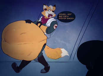 anthro belly big_belly dialogue fur huge_belly male male_pred orange_body orange_fur same_size_vore sharp_teeth teeth text tongue tongue_out vore hornybun33 nintendo star_fox fox_mccloud canid canine fox mammal hi_res