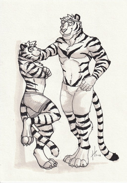 anthro anthro_on_anthro bottomwear closed_smile clothed clothing crossed_arms duo eyewear eyewear_on_head facial_markings fur goggles goggles_on_head grin head_markings head_tuft male male/male markings mouth_closed shorts side_view size_difference smile standing striped_arms striped_body striped_face striped_fur striped_legs striped_markings striped_tail stripes tail tail_markings topless tuft hufnaar hufnaar_(character) ulbrek felid mammal pantherine tiger 2018 absurd_res dated hi_res monochrome