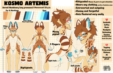 4_toes 5_fingers anthro anus backsack balls bedroom_eyes big_butt biped black_claws blue_anus blue_eyes blue_nose blue_pawpads blue_penis blush brown_hair brown_markings butt cheek_tuft claws countershading digitigrade ear_piercing facial_tuft feet femboy finger_claws fingers fluffy fluffy_tail front_view fur fur_markings genitals hair humanoid_genitalia humanoid_penis inner_ear_fluff male markings multicolored_body multicolored_fur narrowed_eyes navel nude_anthro nude_male pawpads paws penis piercing presenting presenting_hindquarters presenting_penis raised_tail rear_view seductive simple_background small_balls small_penis smile solo spots standing tail text thick_thighs toe_claws toes tongue tuft wide_hips kosmik_artz kosmo_artemis felid feline mammal serval 2026 absurd_res digital_media_(artwork) english_text hi_res model_sheet