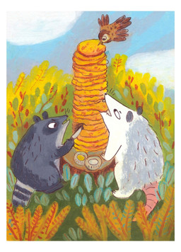 ambiguous_gender blue_sky border bowl brown_body brown_feathers cloud container day detailed_background eyebrows feathers feral flying food fur grey_body grey_fur group holding_knife holding_object knife leaf outside pancake pancake_stack pink_body pink_skin pink_tail sitting sky tail toony trio white_body white_border white_fur osier_forest american_opossum avian bird mammal marsupial procyonid raccoon virginia_opossum 2023 hi_res