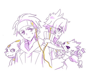 accessory anthro blush earbuds electronics eyewear glasses group headband headphones long_tongue male sharing_earbud tongue tongue_out kotukotu_55 bandai_namco digimon digimon_beatbreak raito_souda tomoro_tenma digimon_(species) gekkomon human mammal monodramon