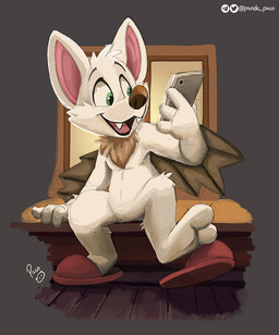 anthro brown_nose brown_wings electronics fangs featureless_crotch front_view fur glistening glistening_eyes green_eyes holding_object holding_phone logo male membrane_(anatomy) membranous_wings nude open_mouth open_smile phone pink_inner_ear pink_tongue sitting smile solo teeth tongue white_body white_fur wings young young_anthro young_male pandapaco bat mammal artist_logo signature