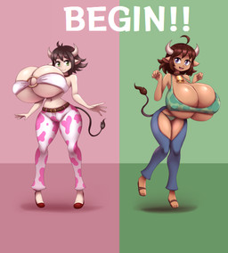 belt big_breasts bottomwear bovid_horn bovine_horn bra breasts brown_body brown_hair brown_skin chaps clothing cow_ears cow_horn cowbell cowbell_collar dark_body dark_skin female footwear green_bra green_clothing green_eyes green_panties green_underwear hair horn huge_breasts light_body light_skin o-ring_bikini_top o-ring_bra o-ring_top panties pants pink_spot purple_eyes shoes short_hair tail tail_tuft text tuft underwear white_bottomwear white_clothing white_pants elfdrago interspecies_reviewers guinea_(interspecies_reviewers) milky_(interspecies_reviewers) animal_humanoid bovid bovid_humanoid bovine bovine_humanoid cattle_humanoid humanoid mammal mammal_humanoid absurd_res english_text hi_res