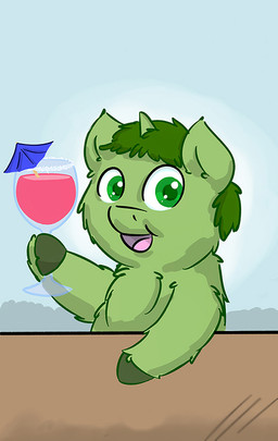 1_horn ambiguous_form ambiguous_gender beverage cocktail_glass container cup drinking_glass fur glass glass_container glass_cup green_body green_eyes green_fur green_hair green_hooves green_horn hair holding_beverage holding_glass holding_object hooves horn looking_at_viewer looking_back looking_back_at_viewer monotone_body monotone_fur monotone_hair nude open_mouth open_smile short_hair simple_background slightly_chubby smile smiling_at_viewer solo tongue young young_ambiguous wetfluff fluffy_pony mythology equid equine fluffy_pony_(species) mammal mythological_creature mythological_equine unicorn cel_shading digital_media_(artwork) english_description shaded