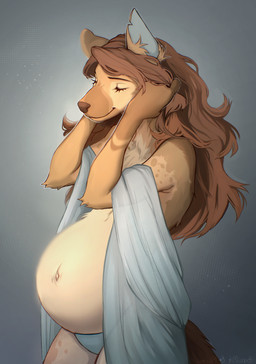 anthro belly big_belly black_nose brown_body brown_fur brown_hair clothed clothing eyes_closed female female_anthro fur hair navel off_shoulder panties pregnant pregnant_anthro pregnant_female smile solo underwear benzimit mleem canid canine mammal artist_collaboration hi_res