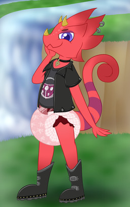 3_horns alternative_fashion anthro big_diaper boots clothing collar diaper exposed_diaper footwear grass hand_on_cheek hill horn jacket leather leather_boots leather_clothing leather_footwear leather_jacket leather_topwear long_tail male markings multi_horn piercing plant prehensile_tail punk purple_eyes red_body red_scales scales shoes short_horn small_horn smug solo striped_markings striped_tail stripes tail tail_markings topwear waterfall plinkiepoi animal_crossing nintendo flick_(animal_crossing) chameleon lizard reptile scalie absurd_res hi_res