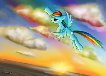 blue_body blue_feathers blue_fur cloud cutie_mark feathered_wings feathers female feral flying fur hair multicolored_hair multicolored_tail outside purple_eyes rainbow_hair rainbow_tail sky solo sun tail wings psychoanalytic_(artist) friendship_is_magic hasbro my_little_pony mythology rainbow_dash_(mlp) equid equine mammal mythological_creature mythological_equine pegasus