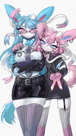 accessory anthro blue_body blue_eyes blue_fur blue_hair blush blush_lines bow_(anatomy) breasts claws clothing collar crossed_arms duo ear_piercing eyebrow_through_hair eyebrows eyelashes eyelashes_through_hair eyewear fangs female fur gesture glasses hair half-closed_eyes hand_gesture hand_on_shoulder legwear looking_at_viewer markings mole_(marking) narrowed_eyes necktie pawpads piercing pink_body pink_eyes pink_fur pink_hair ribbons_(anatomy) simple_background spiked_collar spikes tail teeth translucent translucent_hair v_sign white_body maimoonrabbit nintendo pokemon eeveelution generation_6_pokemon pokemon_(species) shiny_pokemon sylveon 2026 9:16 hi_res signature