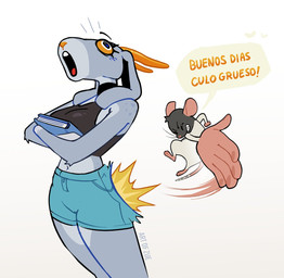 anthro butt_slap clothed clothed_anthro clothing duo female gaping_mouth humor male open_mouth simple_background slap spanking text zue buenos_dias_mandy la_rata_(zue) zueru_(zue) boer_goat bovid caprine domestic_goat goat mammal murid murine rat rodent 2026 artist_name hi_res meme spanish_text translated