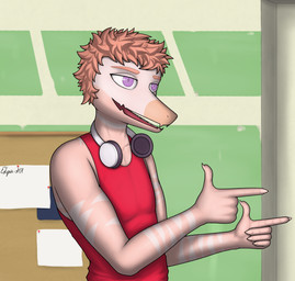 anthro clothing detailed_background electronics headphones male open_mouth pink_body purple_eyes red_clothing red_shirt red_topwear shirt solo text topwear ekspie-a01 cavemanon_studios goodbye_volcano_high ko_op_(game_developer) snoot_game reed_(gvh) dinosaur dromaeosaurid prehistoric_species reptile saurischian scalie theropod artist_name digital_drawing_(artwork) digital_media_(artwork) hi_res
