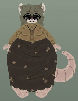 3_toes 4_fingers anthro belly bottomwear breasts brown_eyes buckteeth clothed clothing eyewear feet female fingers fur glasses green_background grey_body grey_fur happy jewelry looking_at_viewer multicolored_body multicolored_fur necklace overweight overweight_anthro overweight_female pink_nose shirt simple_background skirt solo standing tail teeth toes topwear wearing_glasses lou_pancake basil_(lou_pancake) mammal murid murine rat rodent hi_res