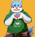 anthro black_nose blue_body bottomwear clothing heart_symbol hoodie humanoid_hands kemono male pants simple_background solo topwear green_bell canid canine canis domestic_dog mammal 2023 absurd_res hi_res