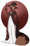 anthro blonde_hair brown_body brown_fur clothing dress female fur hair hat headgear headwear open_mouth orange_eyes solo wand witch_costume witch_hat morgdl saoirse_(allen_fuller) domestic_cat felid feline felis hybrid lynx maine_coon mammal absurd_res hi_res