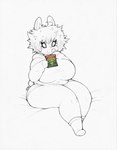 anthro big_breasts breasts chips_(food) clothing eating female food hair hoodie overweight overweight_female short_hair simple_background sitting smile solo thick_thighs topwear smokyjai femmy_(smokyjai) lagomorph leporid mammal rabbit absurd_res hi_res monochrome