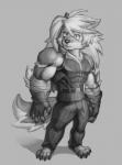 abs anthro belt biceps bottomwear clothing fingerless_gloves fur gloves hair handwear male muscular muscular_anthro muscular_male pants pecs simple_background solo standing wolfmalro cheong_hwan canid canine canis mammal wolf 2018 digital_media_(artwork) hi_res monochrome