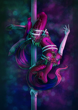 anthro breasts clothing dancing female flower gloves hair handwear harness hooves lingerie long_hair long_tail nipples plant pole pole_dancing solo striptease tail mahkara equid equine horse mammal hi_res