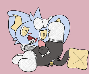 accessory anus balls bell big_ears black_balls black_body black_fur blue_body blue_fur bow_(feature) bow_accessory bow_ribbon clothing collar cute_fangs fangs femboy feminization feral footwear front_view fur genitals hair_accessory hair_bow hair_ribbon legwear looking_at_viewer lying male on_back one_leg_up open_mouth pacifier penis pink_background pink_penis presenting raised_leg ribbons simple_background socks solo tapering_penis teeth yellow_eyes young booklesslibrary nintendo pokemon felid generation_4_pokemon mammal pokemon_(species) shinx 2018 aliasing digital_media_(artwork)