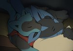 2020 anthro bandanna bite blue_body blue_fur canid canine conditional_dnp cuddling dacad duo ear_bite ear_nibble eyes_closed fur generation_4_pokemon inside kerchief lucario lying male male/male mammal max_(dacad) nintendo on_side pokemon pokemon_(species) riolu sleeping