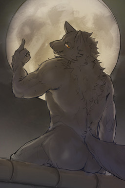 anthro back_fur black_body black_fur black_nose butt eyebrows fangs flexing flexing_bicep full_moon fur gesture half_face hand_gesture looking_at_viewer looking_back looking_back_at_viewer male middle_finger mischievous_smile moon muscular nude orange_eyes rear_view sitting smile solo tail teeth wall_(structure) sreyel mythology canid canine canis mammal mythological_canine mythological_creature werecanid werecanine werecreature werewolf wolf absurd_res guide_lines hi_res