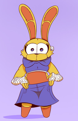 4_fingers anthro bandage bandaged_hand bottomwear bow_tie clothing doll female fingers pants solo ticket topwear yellow_body rabbit5gamer conelia_(rabbit5gamer) animate_inanimate lagomorph leporid living_doll mammal rabbit hi_res