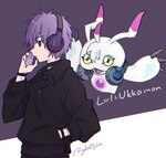 antennae_(anatomy) anthro black_clothing claws clothing duo electronics floating green_eyes hair headphones headphones_around_neck male purple_hair white_body gdn0522 bandai_namco digimon lui_owada digimon_(species) human mammal ukkomon