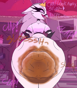 anthro beak big_butt butt clothing crown detailed_background dialogue dirty_butt dress feces feces_on_body feces_on_butt female fur headgear heart_symbol looking_at_viewer looking_back pink_eyes pink_text pooping scatplay smelly smelly_butt soiling solo standing talking_to_viewer text twerking white_body white_fur writtingchalk hellaverse helluva_boss stella_(helluva_boss) anatid anseriform anserine avian avian_demon bird demon swan hi_res