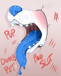 ambiguous_form ambiguous_gender bdsm blue_nose blue_tongue blush blush_lines bodily_fluids covered_eyes cracked_wall degradation dripping drooling fangs fur glory_hole mouth_shot open_mouth petplay roleplay saliva saliva_drip saliva_on_tongue saliva_string shadow solo tally_marks teeth text tongue tongue_out uvula western_tally_marks whisker_spots white_body white_fur runicvixen wuffkitty_(character) canid canine mammal absurd_res english_text hi_res signature