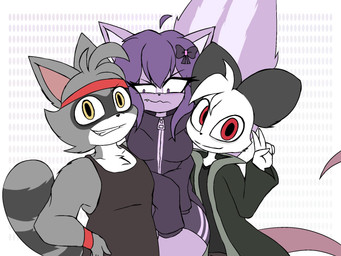 female group hug male trio lanfreez dani_(lanfreez) felix_(lanfreez) lucy_(lanfreez) canid canine humanoid mammal mephitid mouse murid murine procyonid raccoon raccoon_dog rat rodent skunk tanuki hi_res