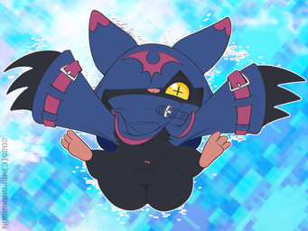 anthro balls black_body black_fur cloak clothing cowl flaccid foreskin fur genitals long_ears male penis pupils shortstack shortstack_male solo unusual_pupils wings yellow_eyes mrpandragon bandai_namco digimon chiropmon digimon_(species) hi_res