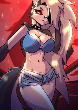anthro bikini clothing female hell looking_at_viewer red_sky simple_background sky solo star swimming_pool swimwear two-piece_swimsuit kato777 hellaverse helluva_boss mythology loona_(helluva_boss) canid canid_demon canine demon hellhound mammal mythological_canine mythological_creature absurd_res hi_res